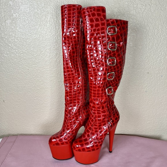 Red Patent Leather Boots Knee High 3" Platform 7" Stiletto Size 7 Full Zip Suede - Picture 1 of 8
